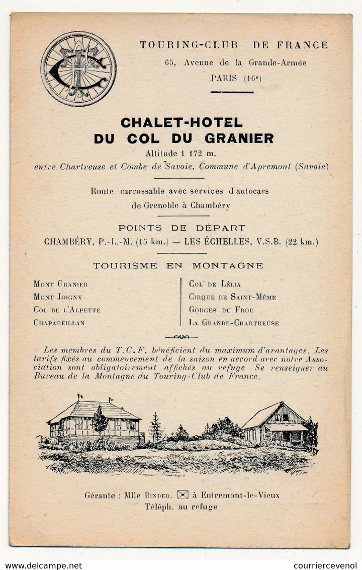 Fiche Descriptive - APREMONT (Savoie)  - Touring Club De France - Chalet Hôtel Du Col Du Granier - Aardrijkskunde