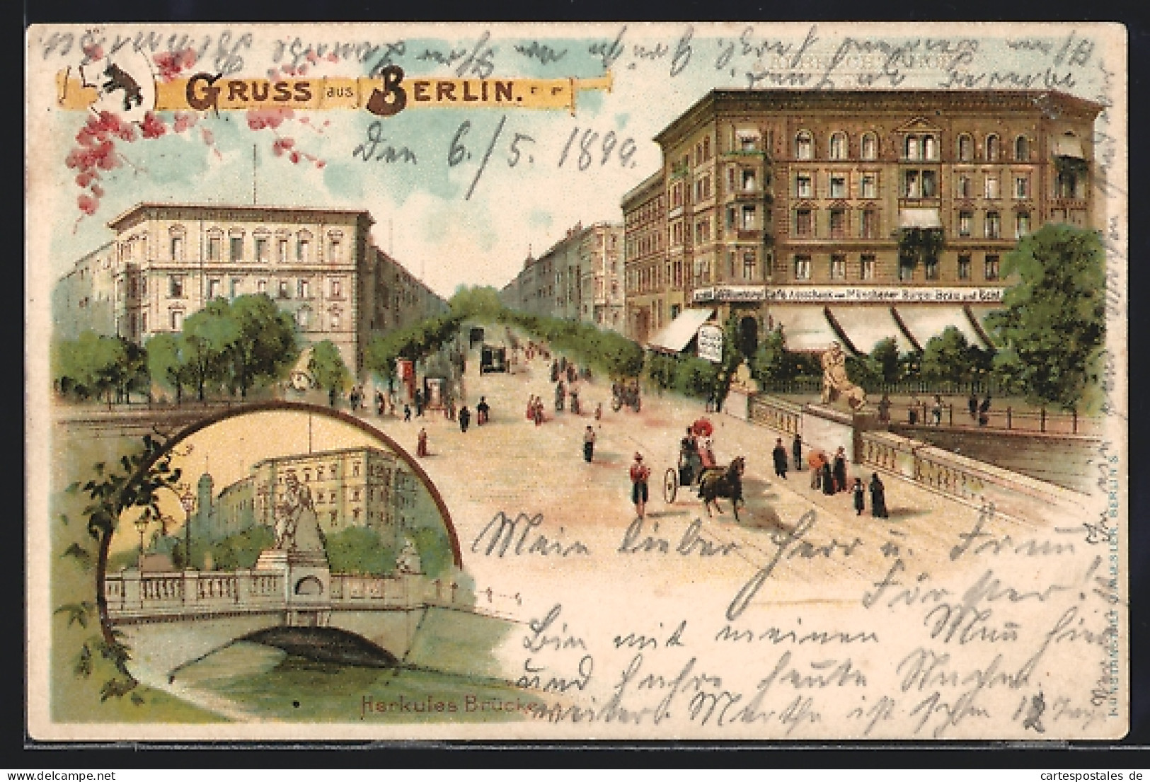 Lithographie Berlin-Tiergarten, Café Albrechtshof, Herkules-Brücke  - Tiergarten