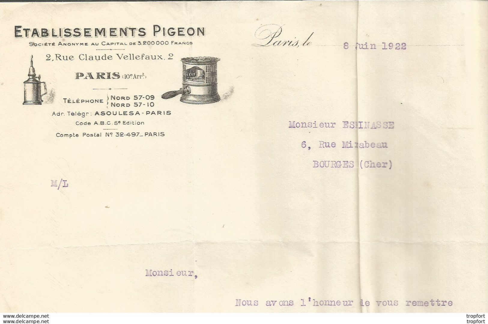 GK / BOURGES établissement PIGEON 1922 LAMPE Berger Lettre FACTURE Ancienne Old Advertising Invoice - 1900 – 1949