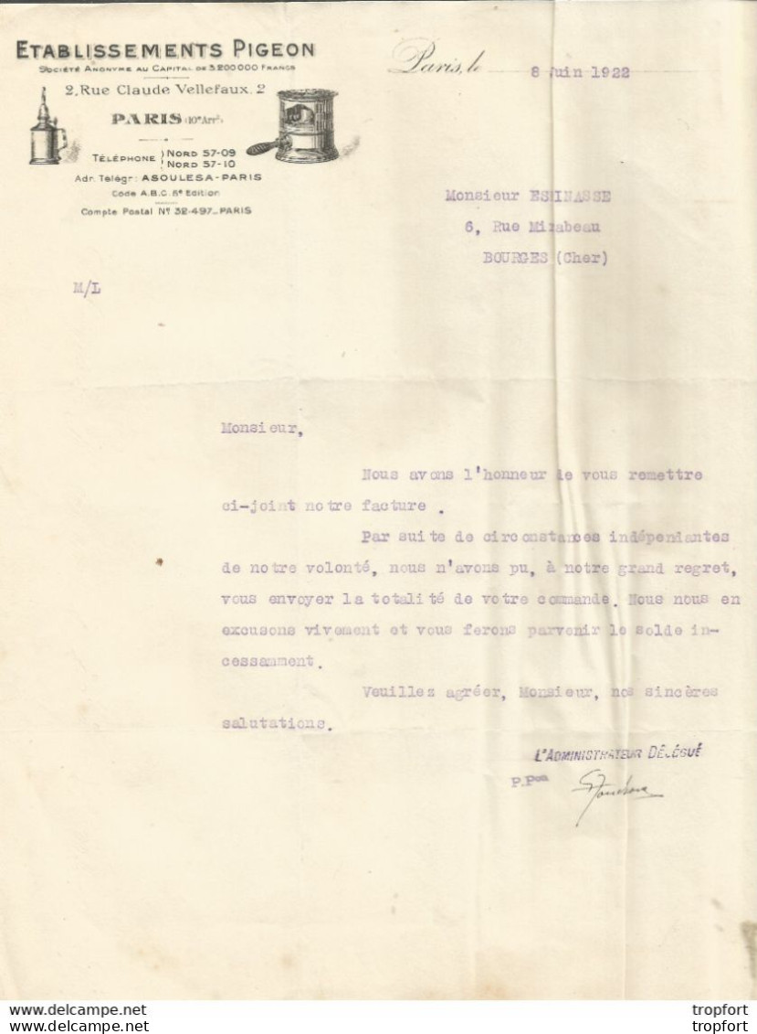 GK / BOURGES établissement PIGEON 1922 LAMPE Berger Lettre FACTURE Ancienne Old Advertising Invoice - 1900 – 1949