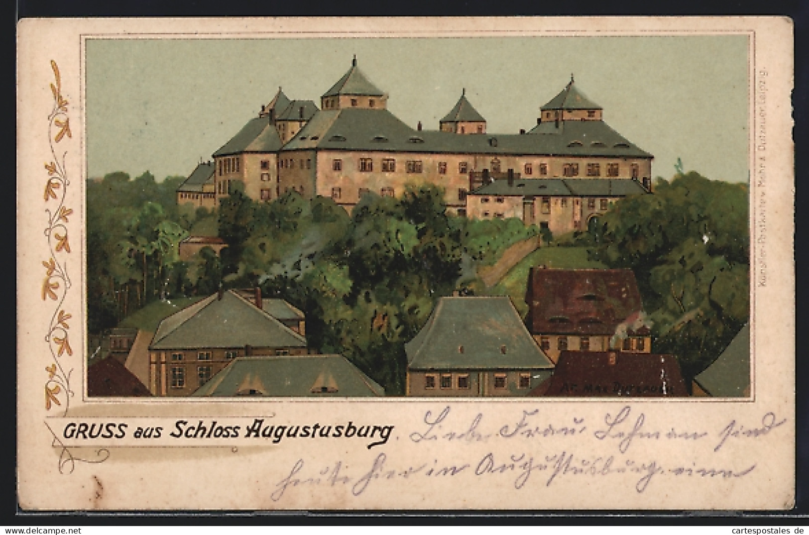 Lithographie Augustusburg, Panorama Mit Schloss  - Augustusburg