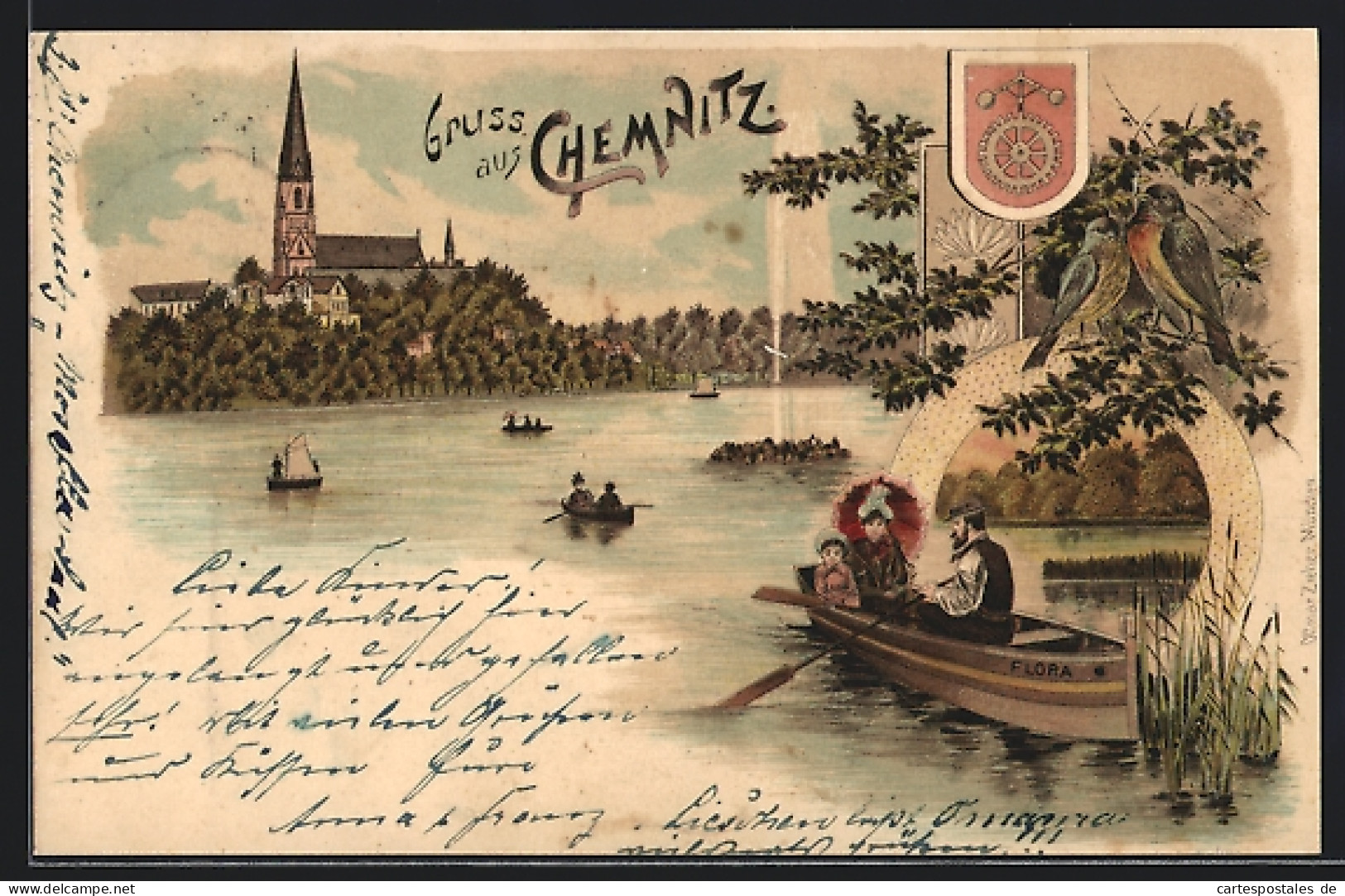 Lithographie Chemnitz, Stadtpanorama Vom Wasser Aus Mit Bootspartie, Wappen  - Chemnitz