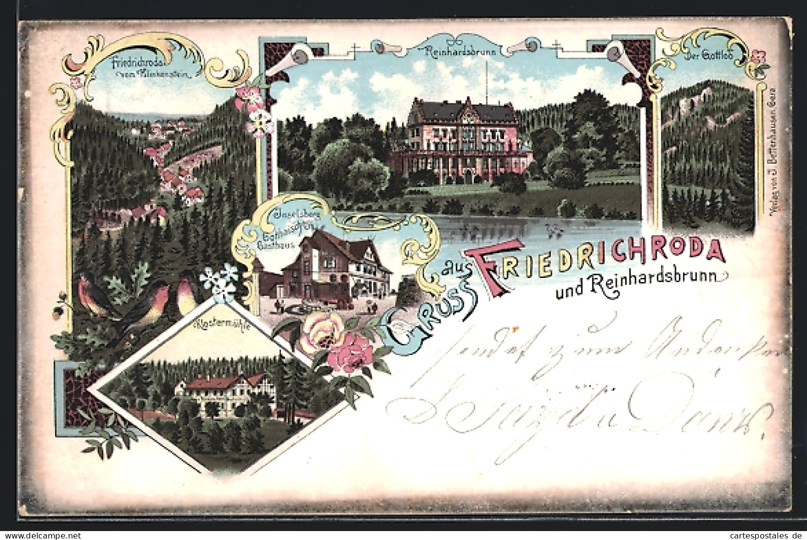 Lithographie Friedrichroda, Gothaisches Gasthaus Inselsberg, Klostermühle  - Gotha