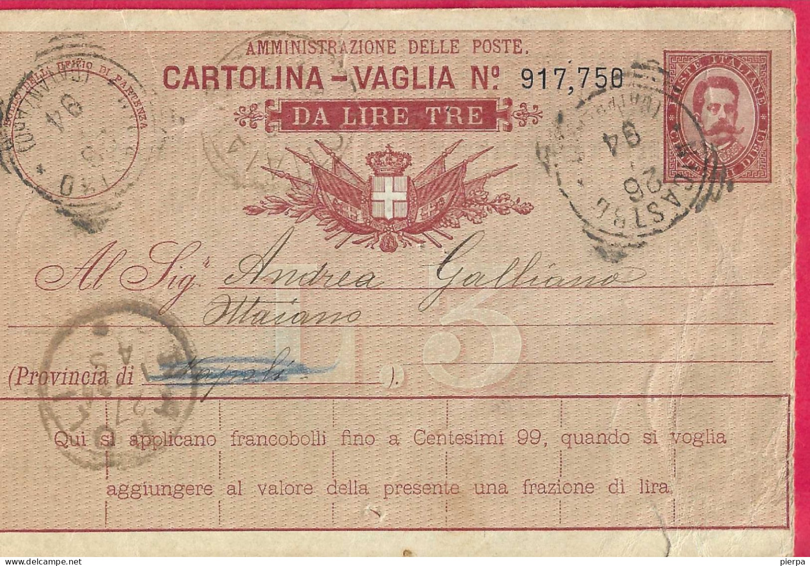 INTERO CARTOLINA-VAGLIA UMBERTO C.10 DA LIRE 3 (CAT. INT. 4Ba) - ANNULLO TONDO RIQUADRATO"NICASTRO*26.1.94*/(CATANZARO) - Marcophilie