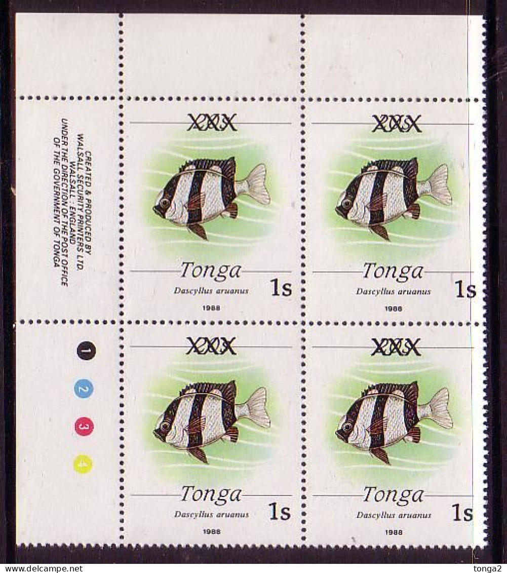 Tonga 1992 1s Fish Block Of 4 Scarce Local Overprint - Read Description For Details - Fische