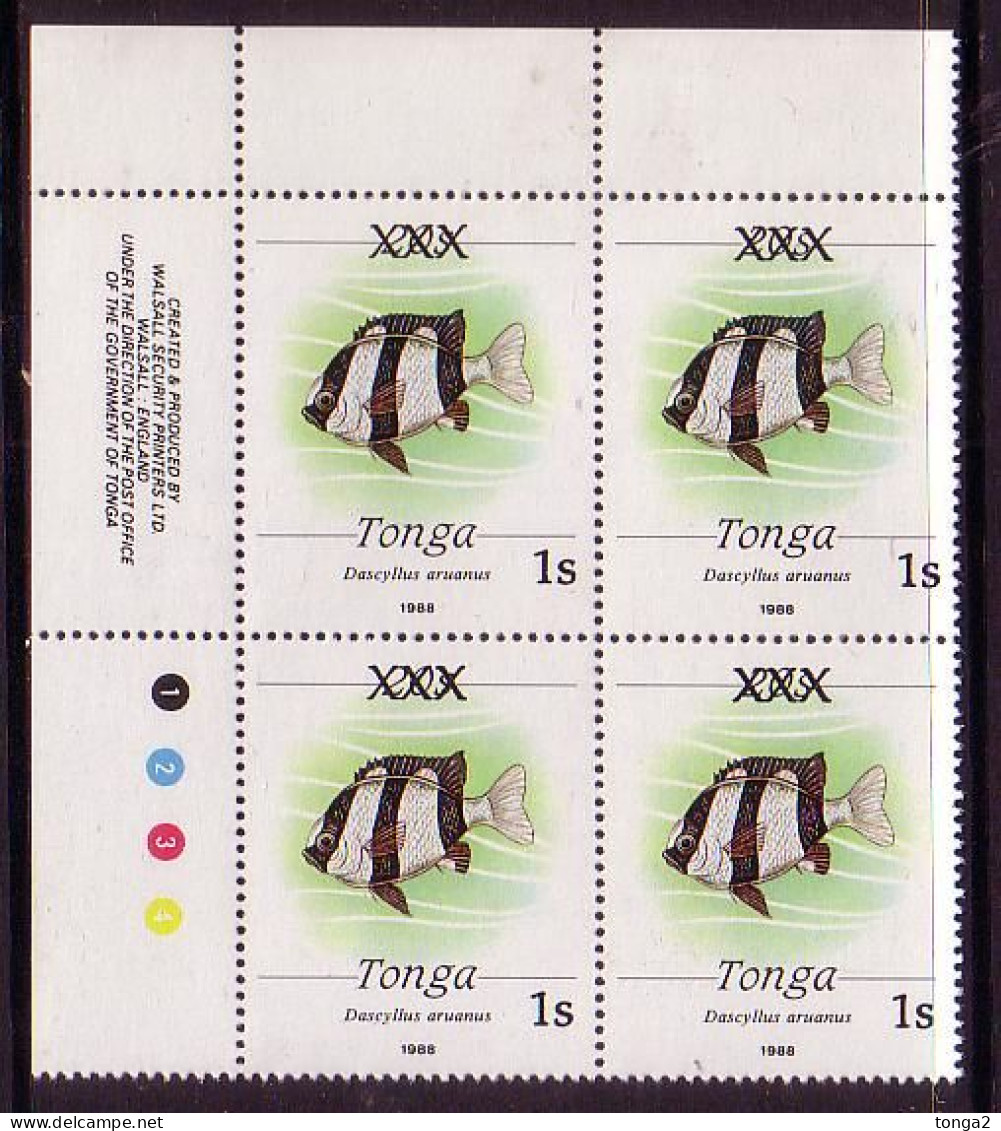 Tonga 1992 1s Fish Block Of 4 Scarce Local Overprint - Read Description For Details - Poissons