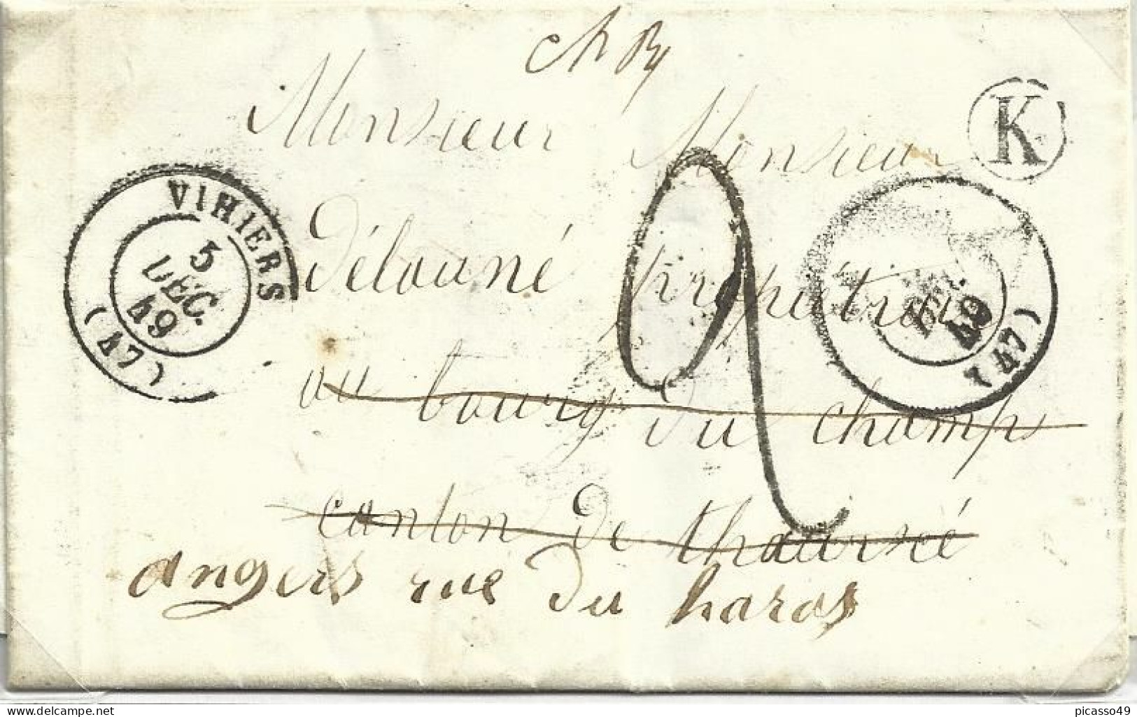 Maine Et Loire , Vihiers , Cachet Type 15 Du 5 Dec 1849 , Lettre Timbre De Boite Rurale K ( St Paul Du Bois ) - 1849-1876: Période Classique