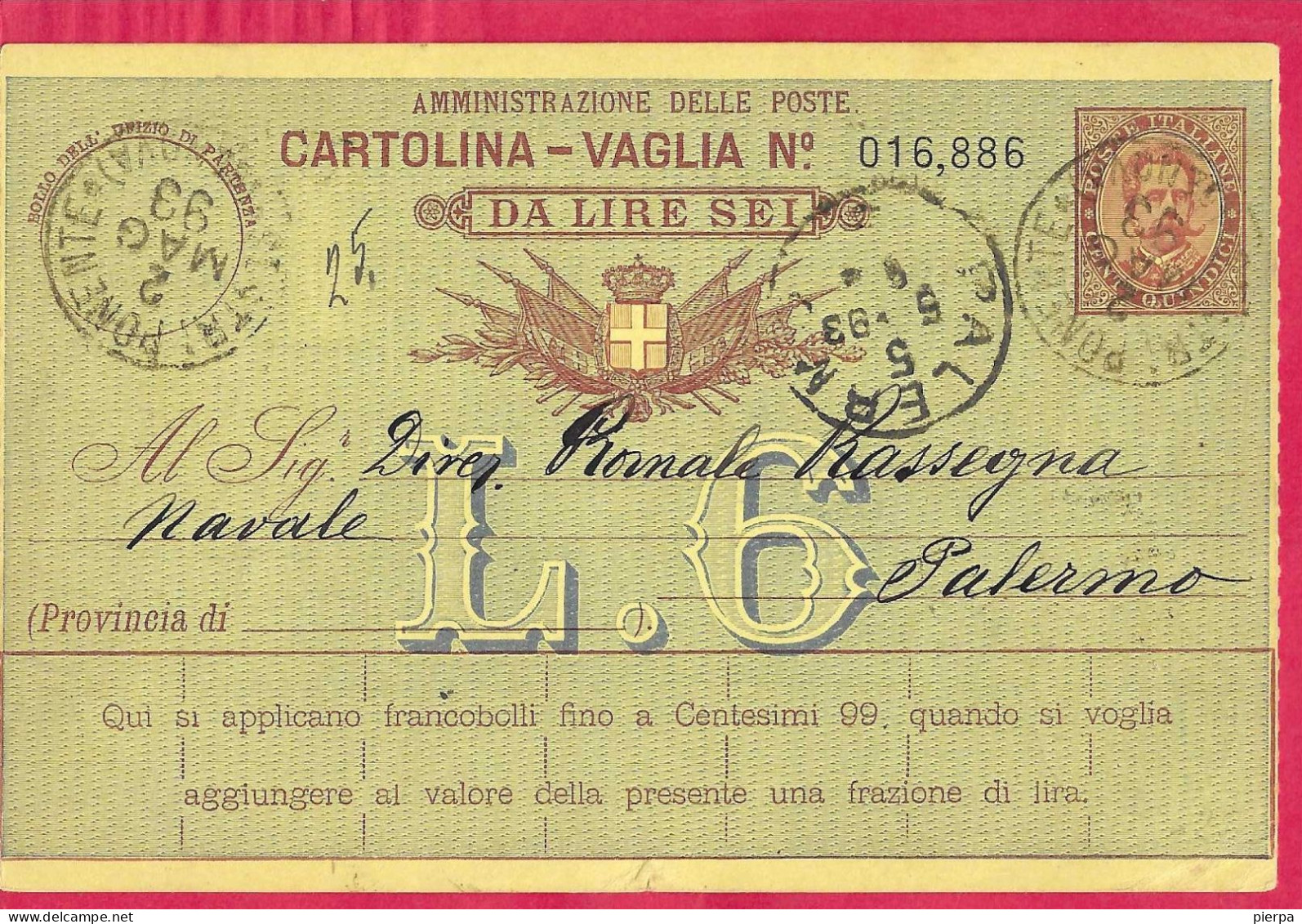 INTERO CARTOLINA-VAGLIA UMBERTO C.15 DA LIRE 6 (CAT. INT.10) -VIAGGIATA DA "SESTRI PONENTE*2.MAG.93*/GENOVA" PER PALERMO - Ganzsachen