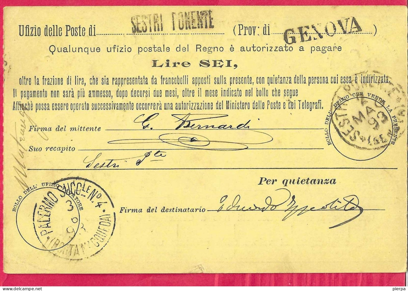 INTERO CARTOLINA-VAGLIA UMBERTO C.15 DA LIRE 6 (CAT. INT.10) -VIAGGIATA DA "SESTRI PONENTE*2.MAG.93*/GENOVA" PER PALERMO - Stamped Stationery