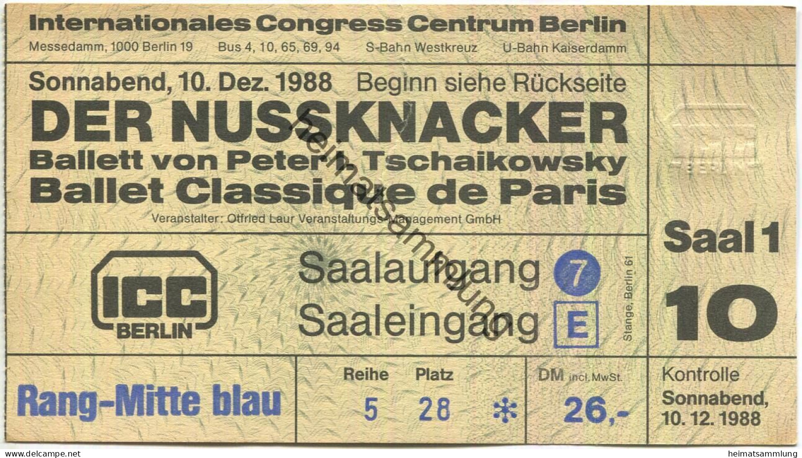 Deutschland - ICC Berlin - Internationales Congress Centrum 1988 - Der Nussknacker - Ballett Von Peter I. Tschaikowsky - - Tickets - Vouchers