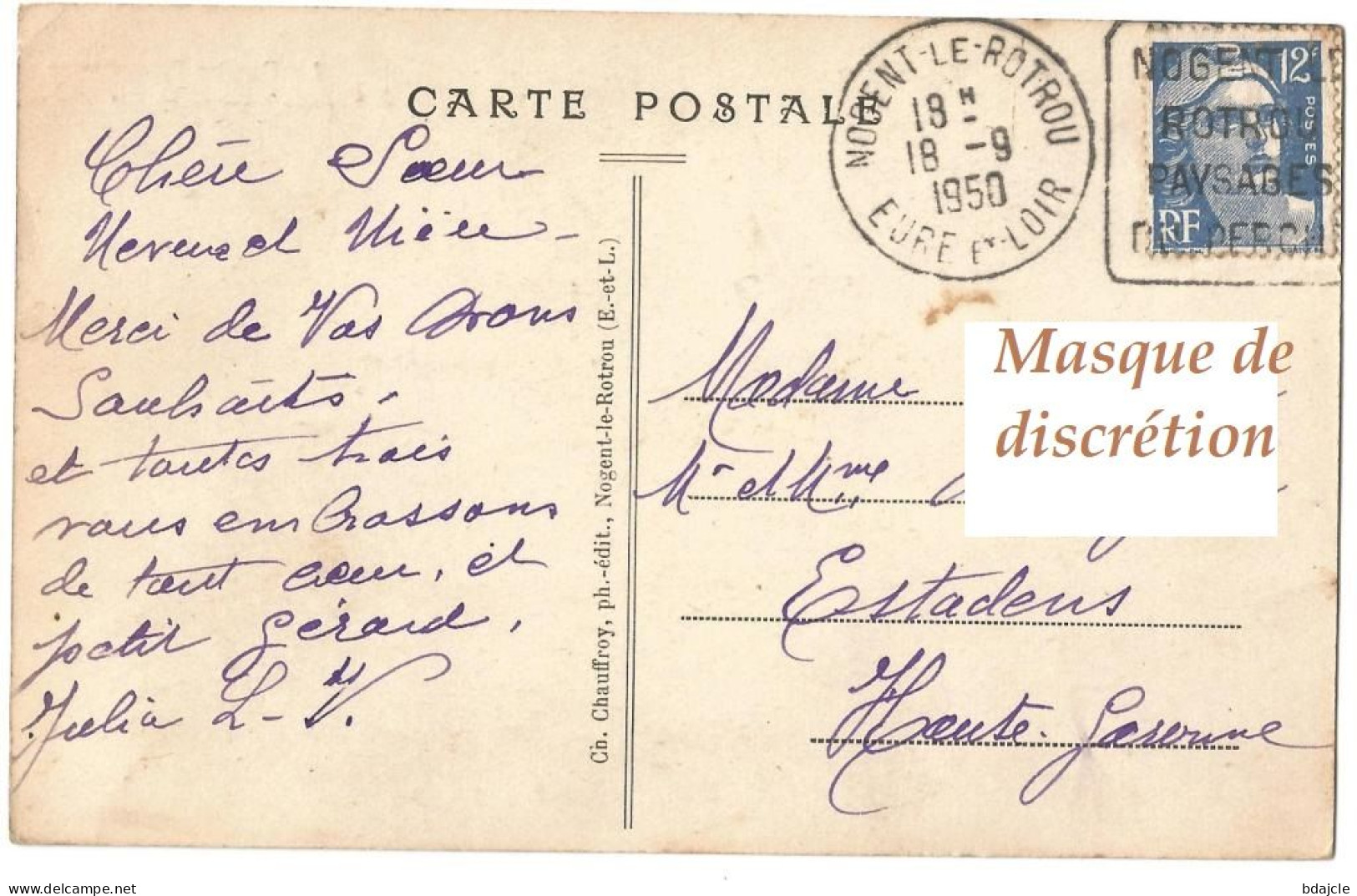 CPA Couleur  -  Nogent Le Rotrou Pour Estalens (Haute Garonne) - YT 812 - Lettres & Documents