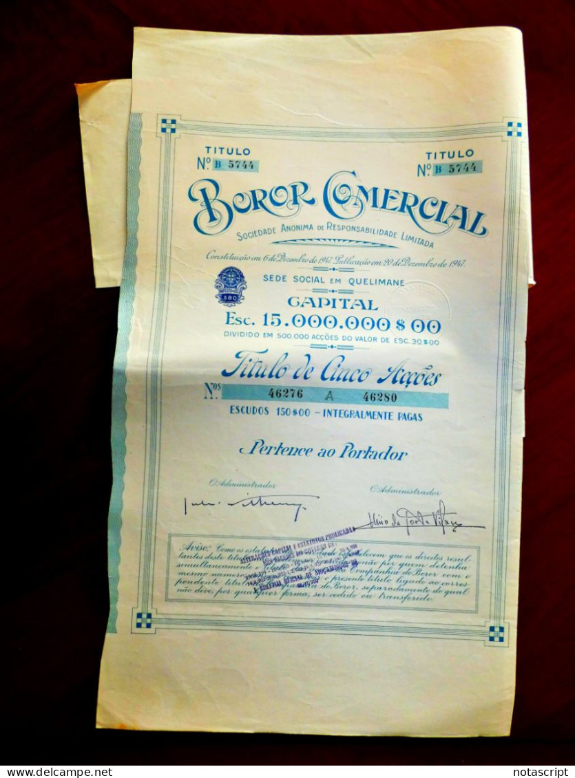 BOROR COMERCIAL SA,  Quelimane (Portuguese Moçambique)  1947 Share Certificate - Afrique