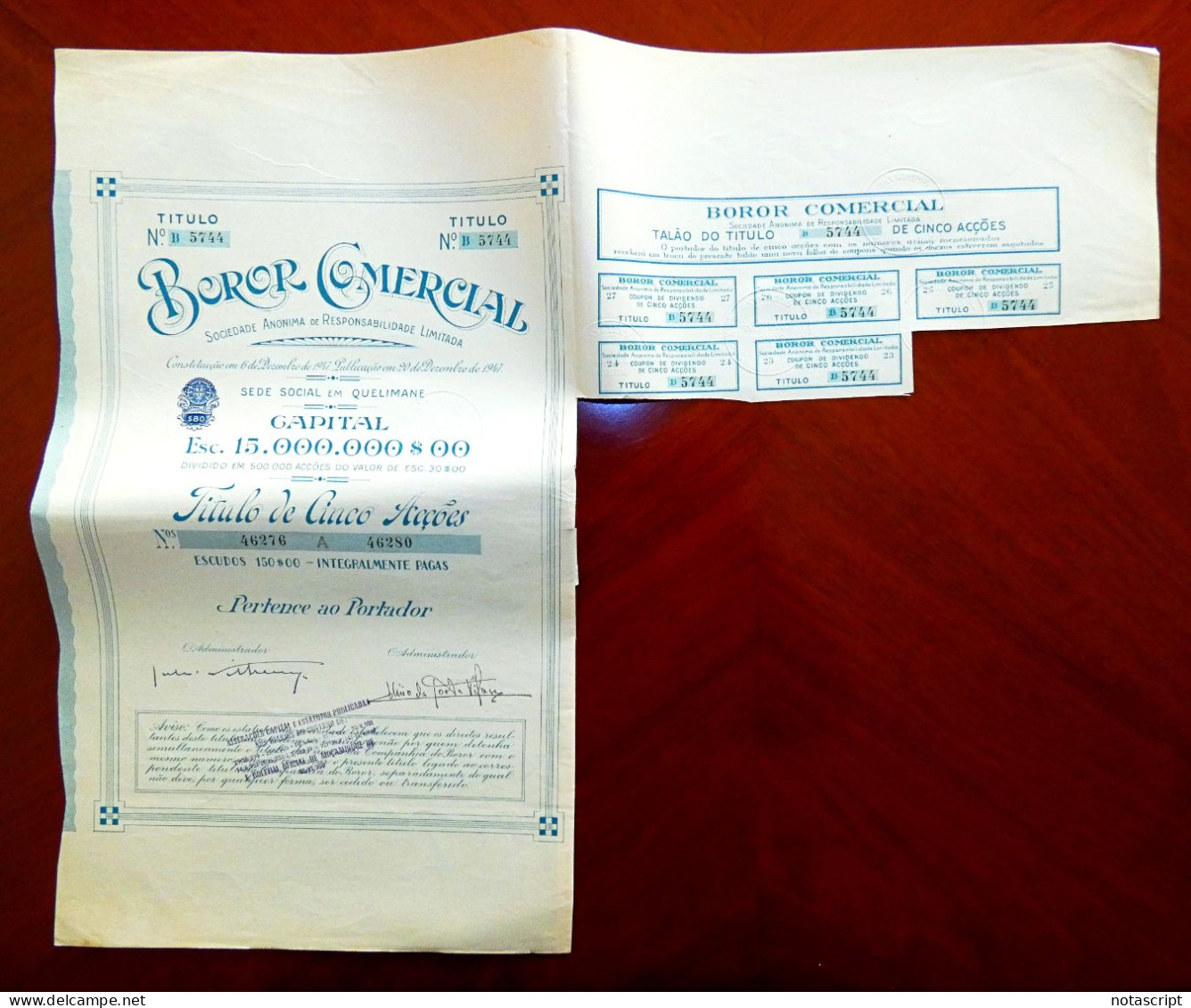BOROR COMERCIAL SA,  Quelimane (Portuguese Moçambique)  1947 Share Certificate - Afrika