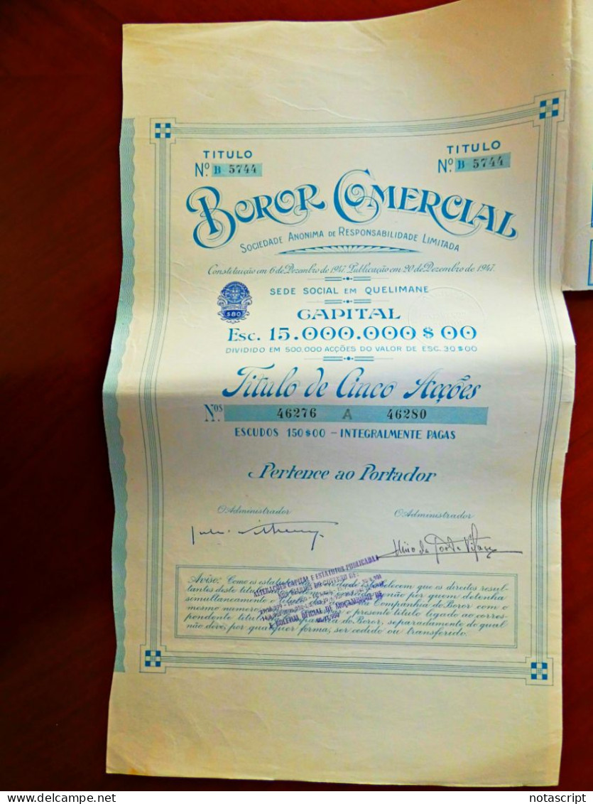 BOROR COMERCIAL SA,  Quelimane (Portuguese Moçambique)  1947 Share Certificate - Afrique