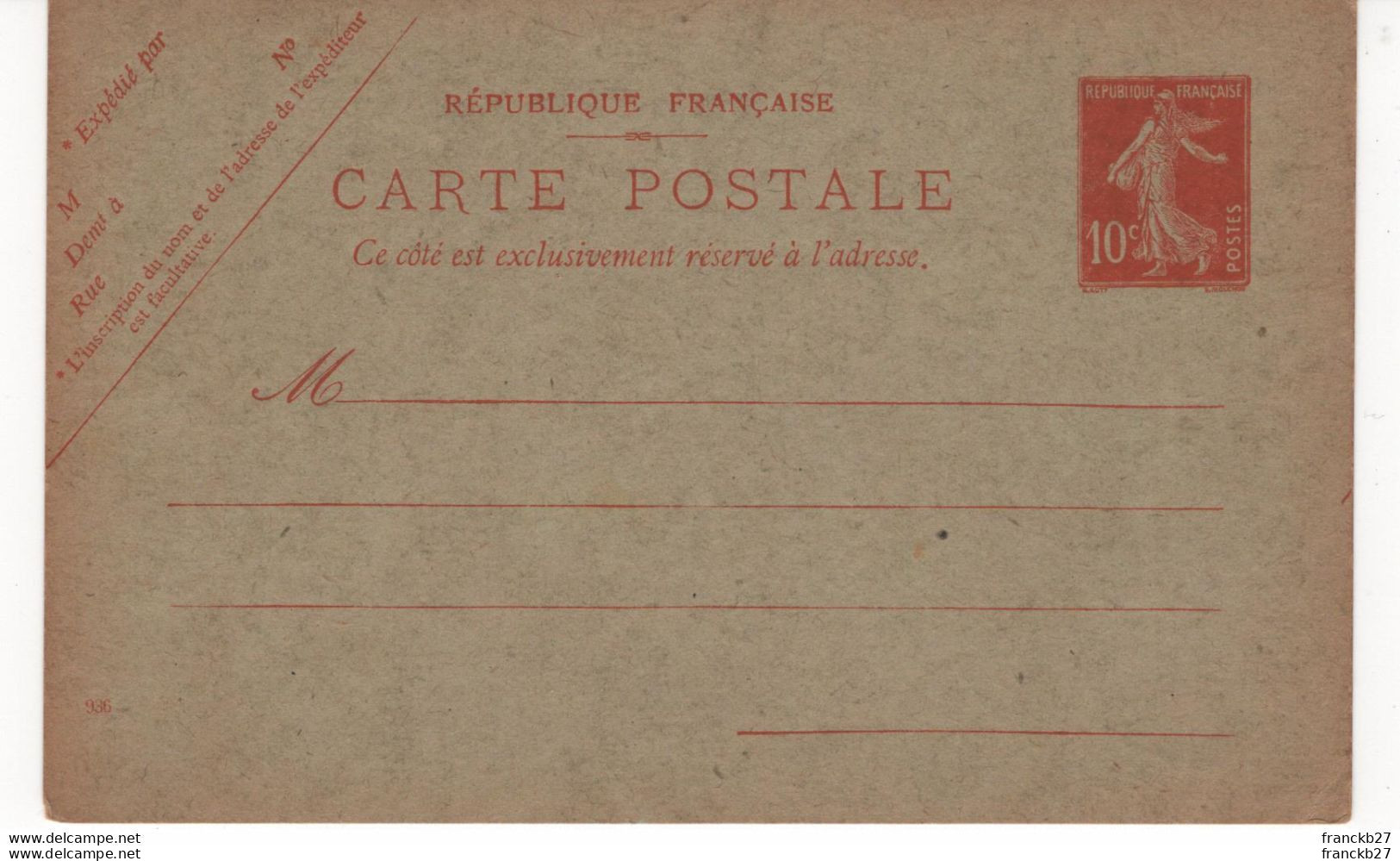 France - Entier Postal Type Semeuse Fond Plein 10 C Rouge - Postales Tipos Y (antes De 1995)