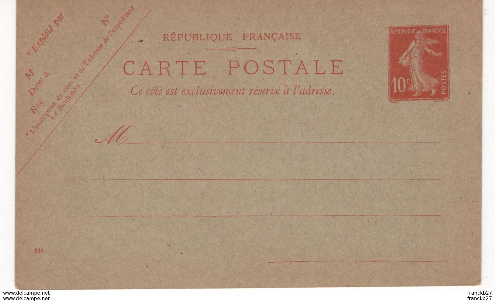 France - Entier Postal Type Semeuse Fond Plein 10 C Rouge - Cartes Postales Types Et TSC (avant 1995)