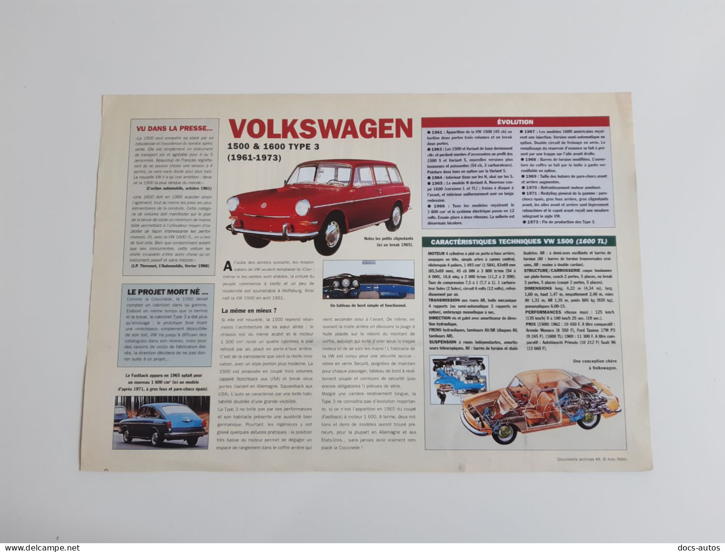 Fiche Technique Automobile Volkswagen 1500 - 1600 - Voitures