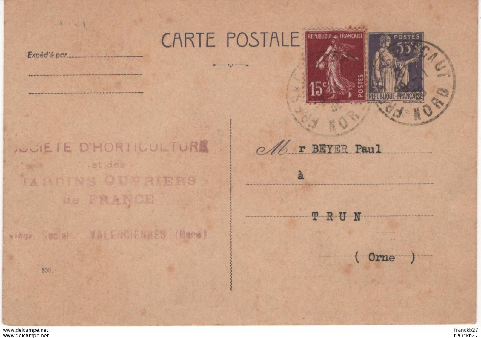 France - YT 361 CP - Entier Postal Type Paix 55 C Violet = Timbre Semeuse Plein 15c - Standard Postcards & Stamped On Demand (before 1995)