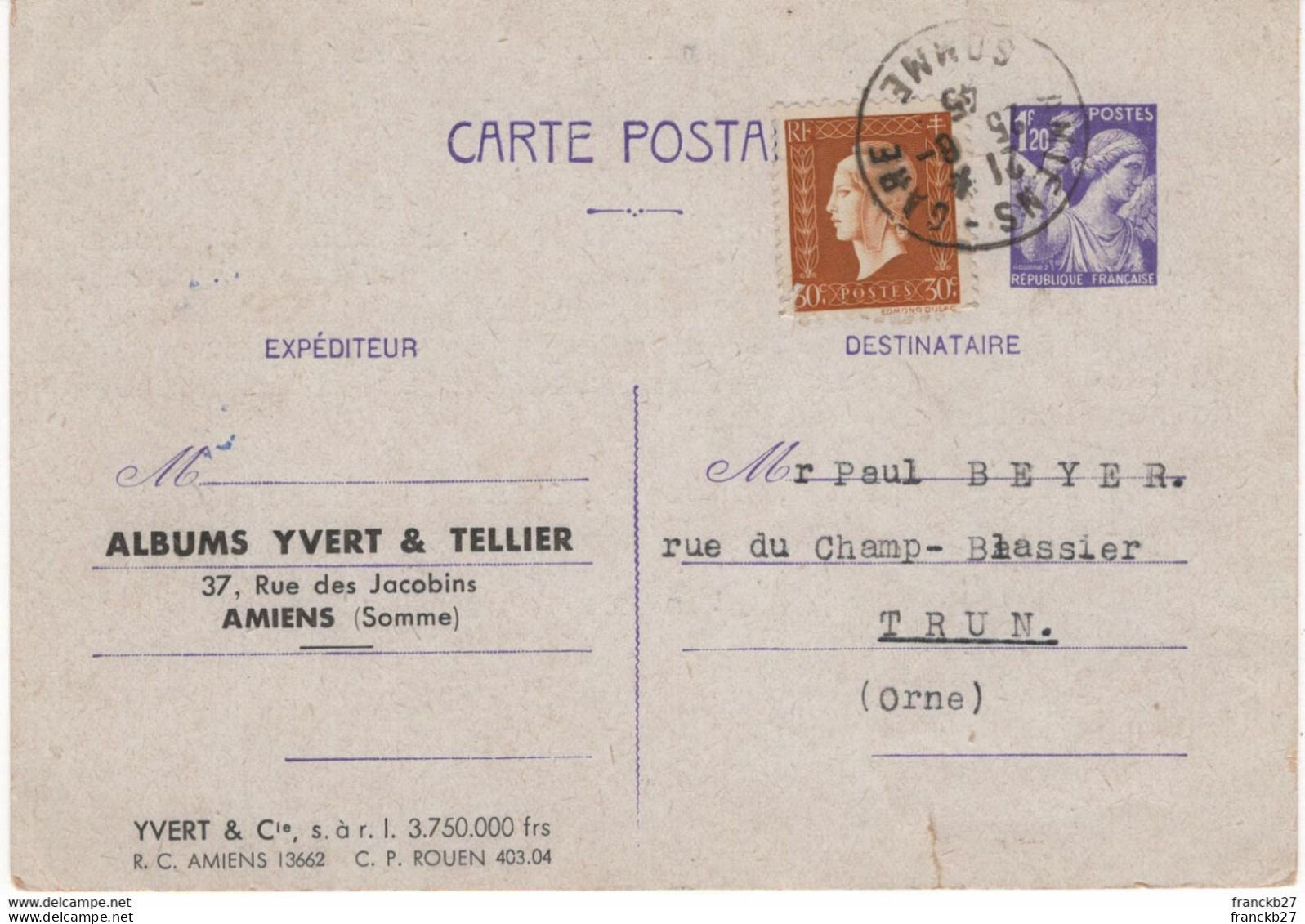 France - YT 651 CP1 - Entier Postal TypeIris 1.2 F Violet + Timbre Mariane De Dulac 30 C - Postales Tipos Y (antes De 1995)