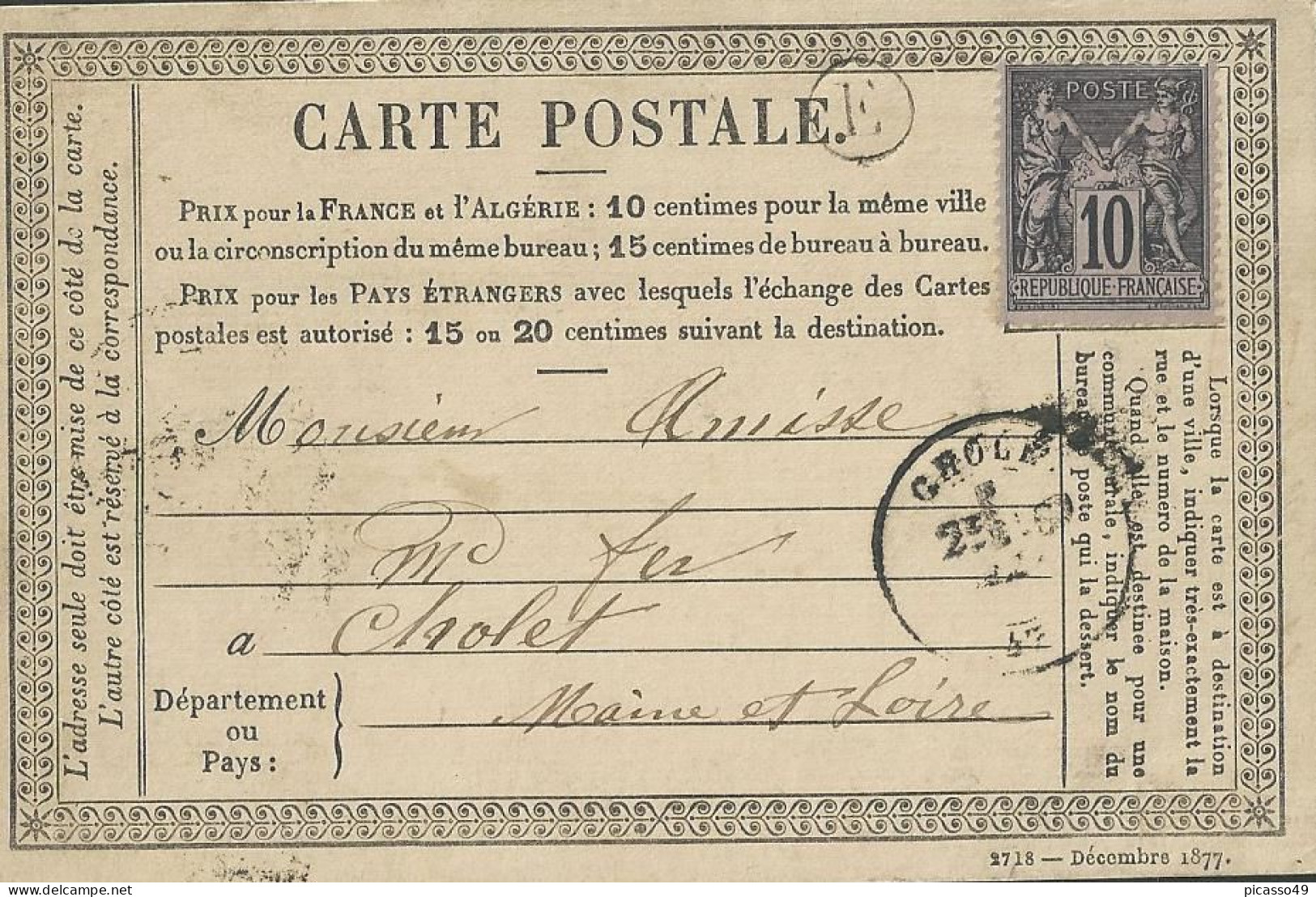 Maine Et Loire , Montfaucon , Carte Postale Du 9 Mai 1878 Boite Rurale E ( Tillières ) - 1877-1920: Semi-Moderne