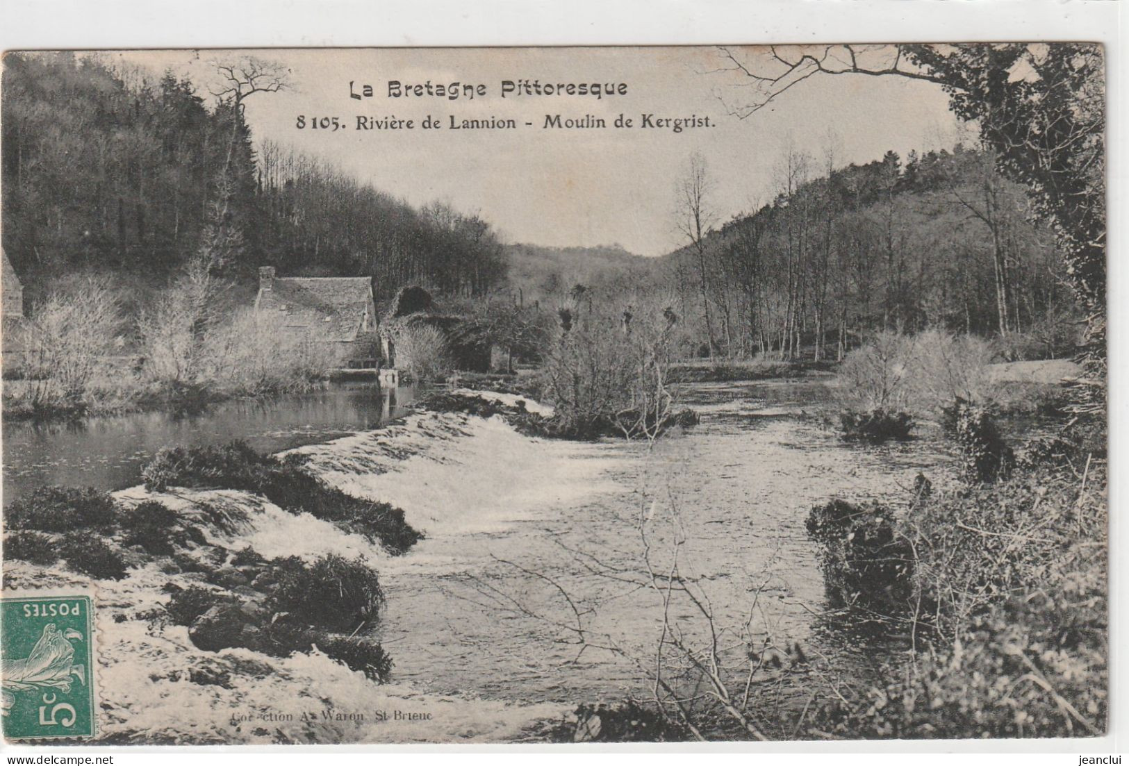 8105. RIVIERE DE LANNION . MOULIN DE KERGRIST . CARTE AFFR A-CHEVAL RECTO / VERSO LE 28-8-1908  .  2 SCANNES - Lannion