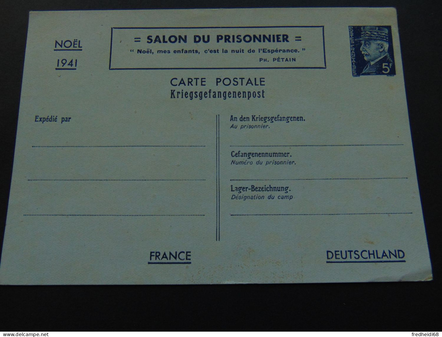 Carte Postale Au Type Pétain à 5 Francs N°. F1a (Storch) Timbrée Sur Commande Pour Le Salon Du Prisonnier Neuve - Standaardpostkaarten En TSC (Voor 1995)