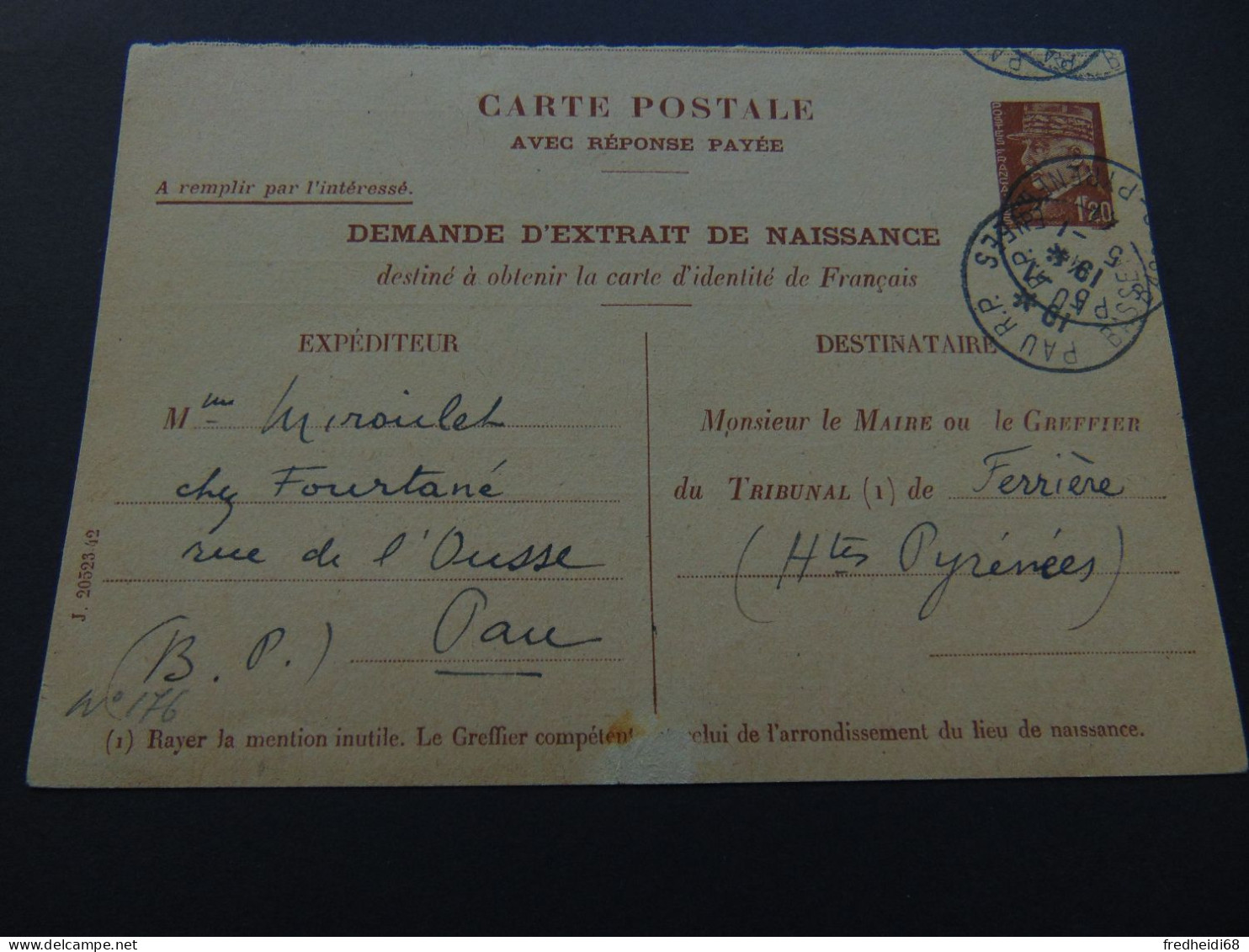 Carte Postale Avec Réponse Payée Au Type Pétain N°. B10b Timbrée Sur Commande Pour Acte De Naissance Oblitérée - Postales Tipos Y (antes De 1995)