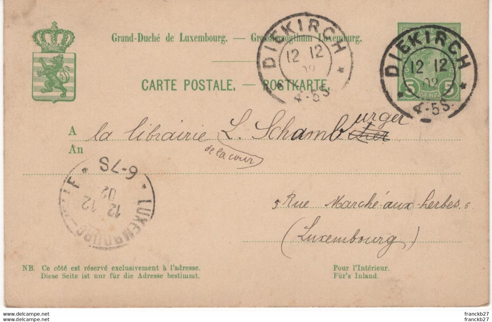 Luxembourg - Entier Postal 5 Cent - Oblitéré En 1902 à Diekrich - Postwaardestukken