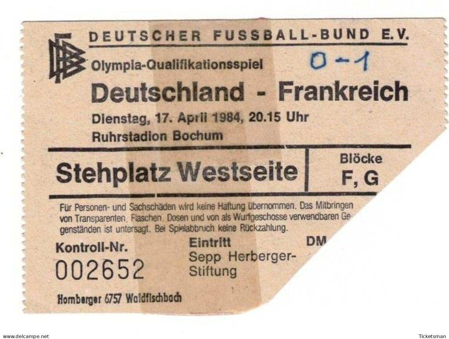 Football Ticket Billet Jegy Biglietto Eintrittskarte Allemagne Deutschland -  France17/04/1984 "Olympiques" - Toegangskaarten