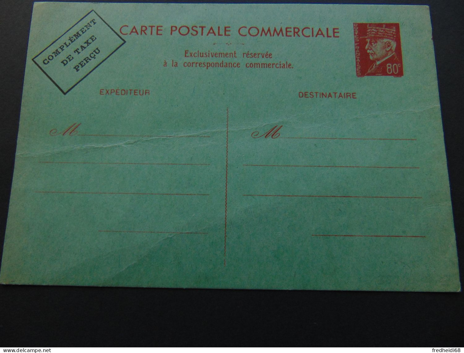 Carte Postale Commerciale Au Type Pétain à 80 Centimes Avec Complément De Taxe Perçue N°. B2 Neuve - Standaardpostkaarten En TSC (Voor 1995)