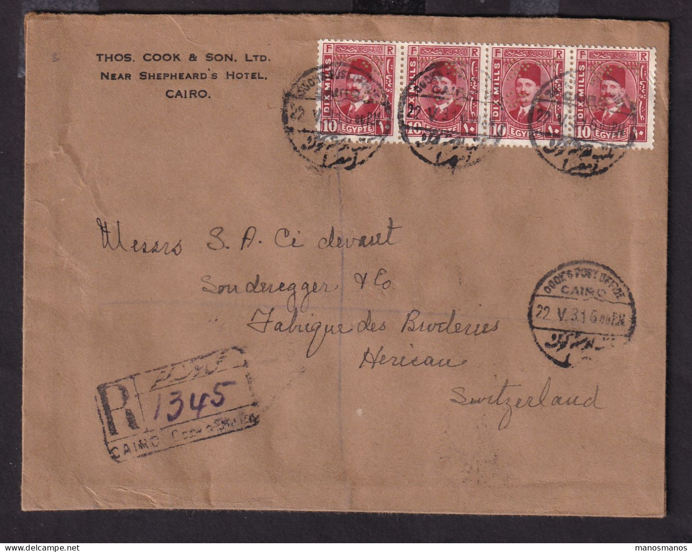 353/31 -- EGYPT PERFINS - Registered Envelope Fouad Stamps For 40 Mills COOK'S P.O. CAIRO 1931 - Perf. T.C. § S. - Lettres & Documents