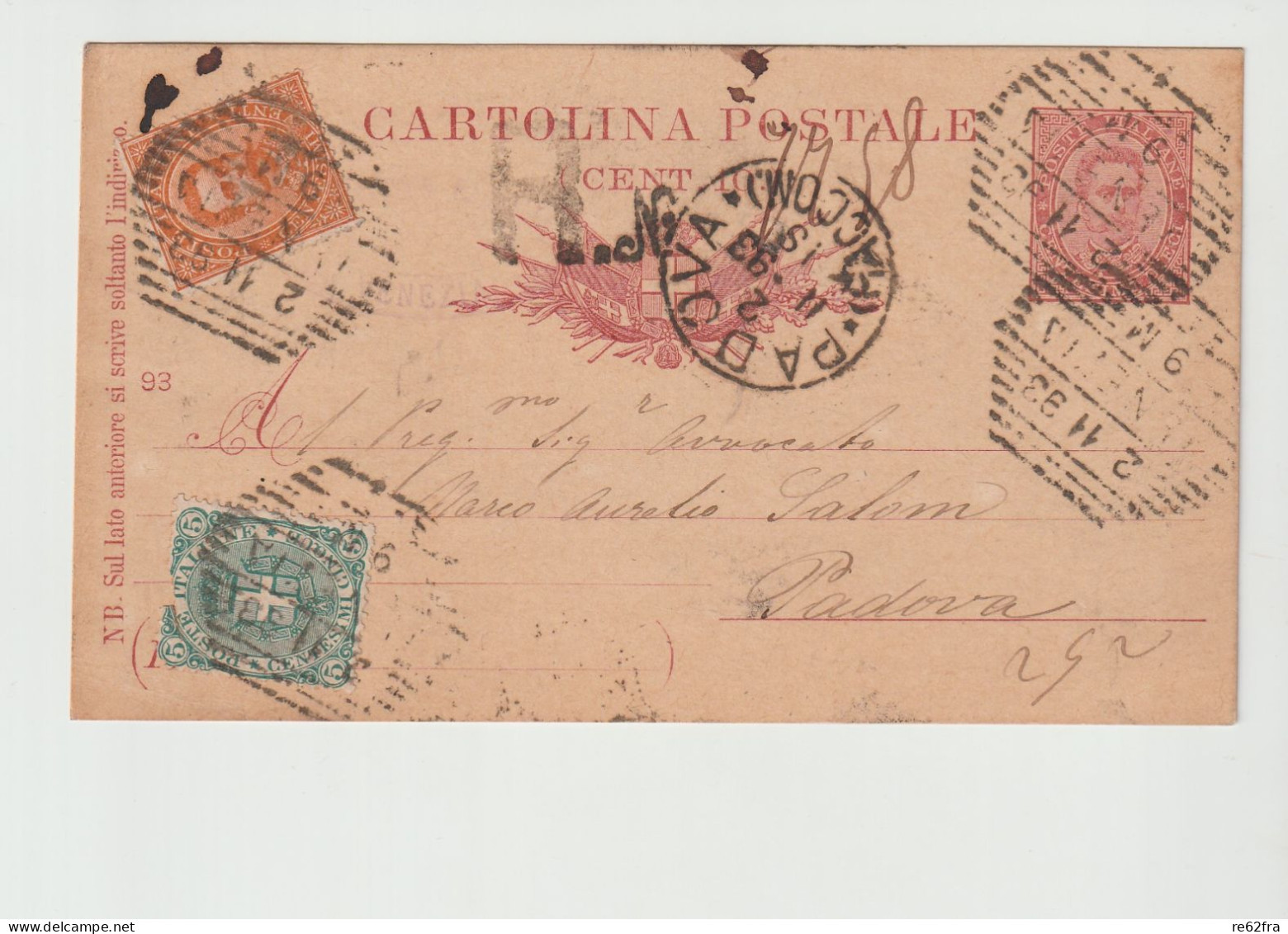 Umberto I° Intero Postale C.10-93, Spedita Nel 1893 Con Raccomandata E Aggiunta Di Francobolli Per C.25 - Postwaardestukken