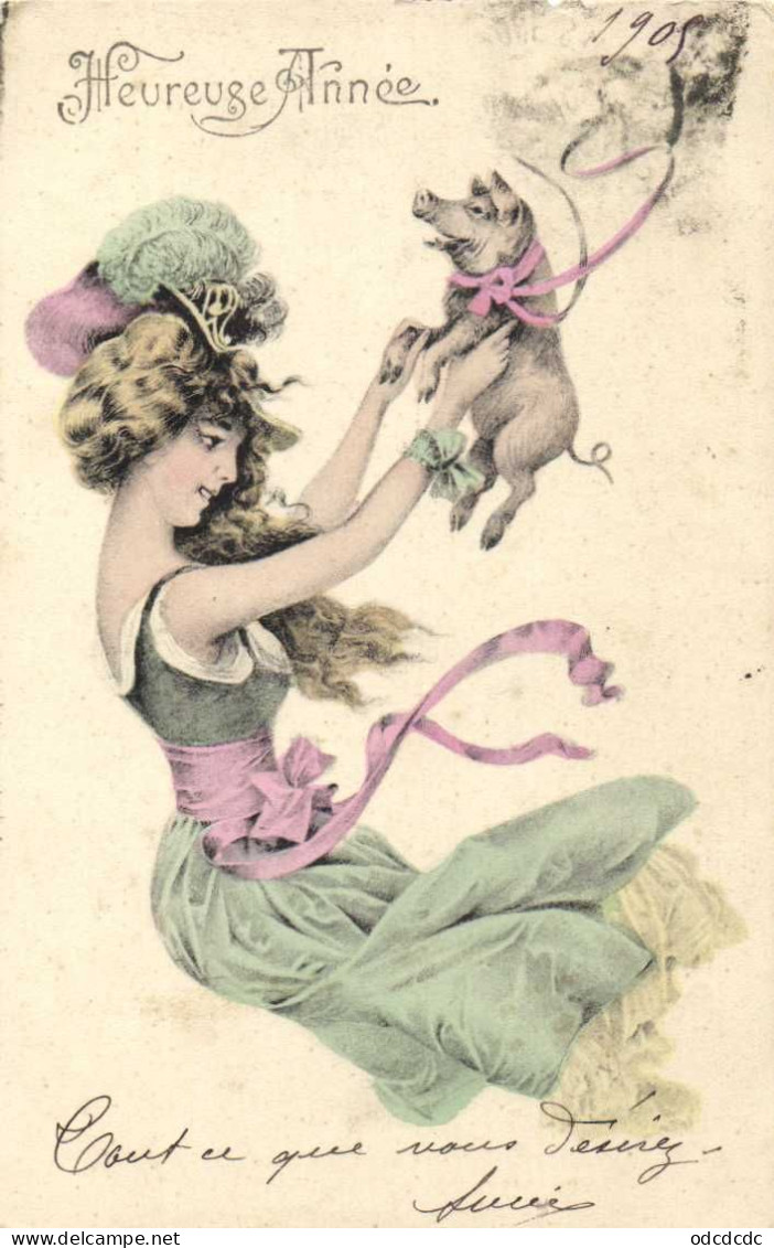 Illustrateur Jeune Femme Jouant Avec Un Cochon Heureuse Année Pionnière RV - New Year