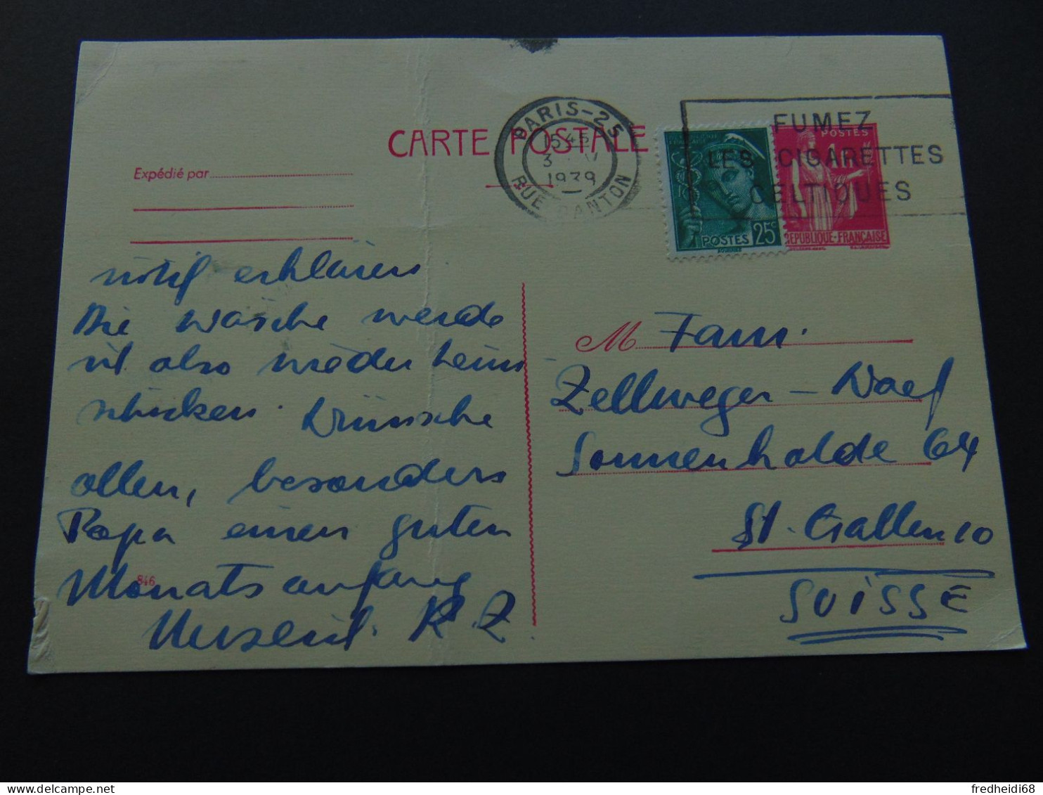 Carte Postale Au Type Paix à 1 Franc N°. G1 (storch) Oblitérée Avec Complément D'affranchissement Pour La Suisse - Standard Postcards & Stamped On Demand (before 1995)