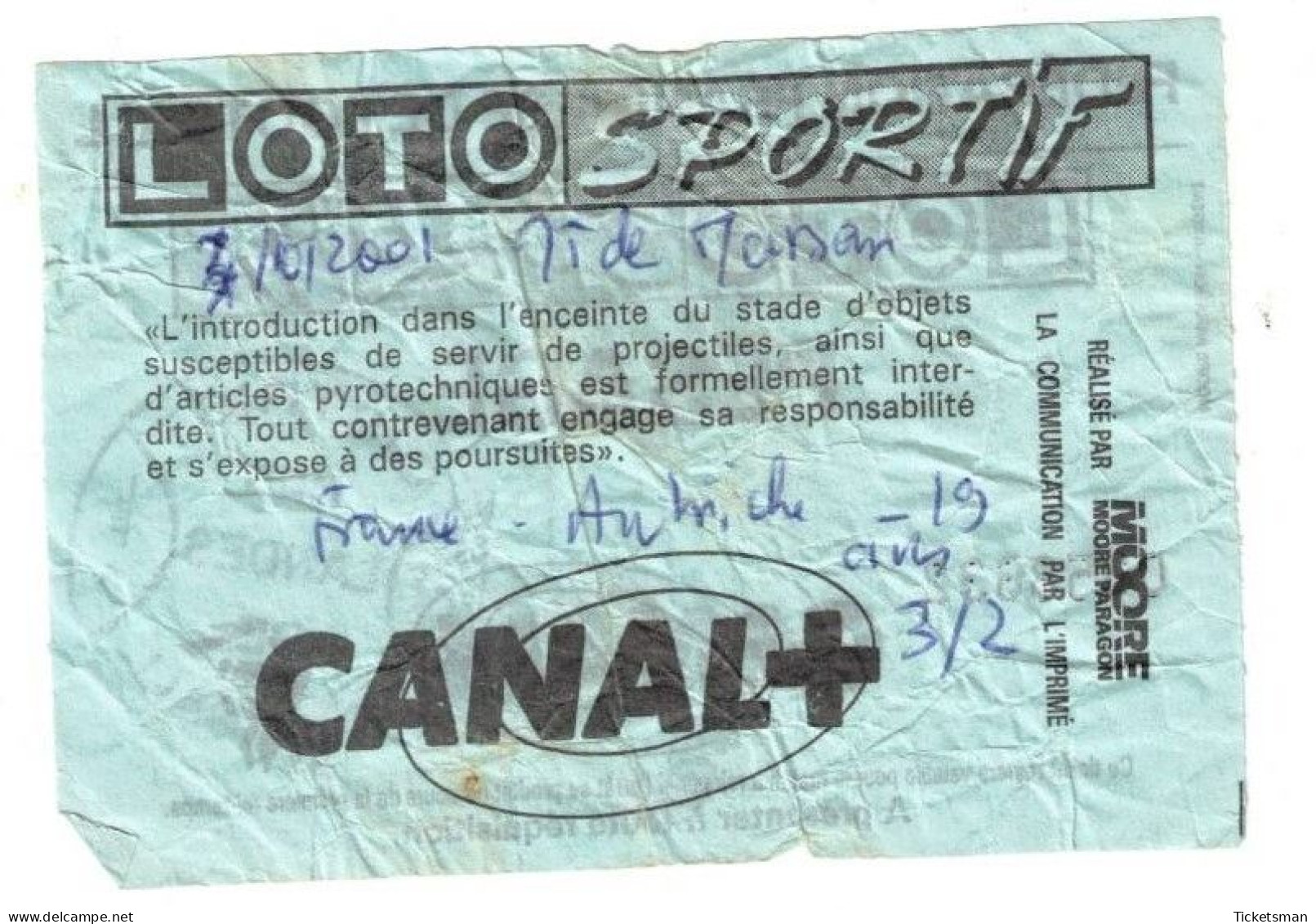 Football Ticket Billet Jegy Biglietto Eintrittskarte France - Autriche österreich 03/10/2001 "U19" - Toegangskaarten