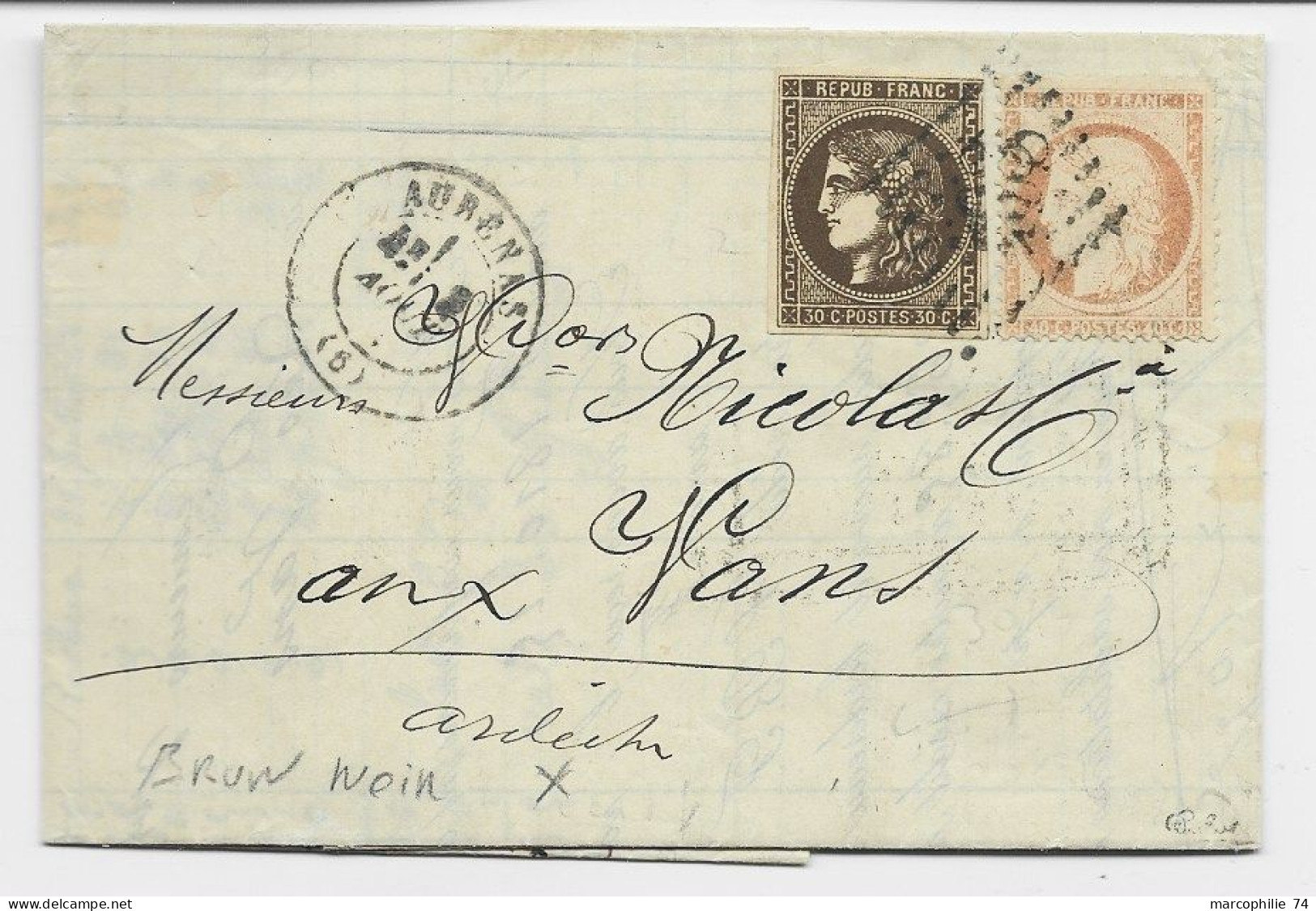 BORDEAUX 30C BRUN NOIR COTE 900€ +40C SIEGE LETTRE COVER GC AUBENAS 1873 CERTIFICAT CALVES - 1870 Bordeaux Printing