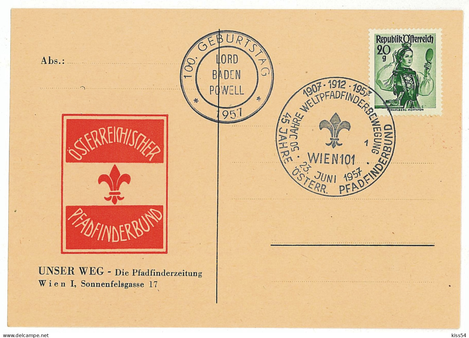 SC 49 - 609-a AUSTRIA, Scout - Cover - Used - 1957 - Briefe U. Dokumente