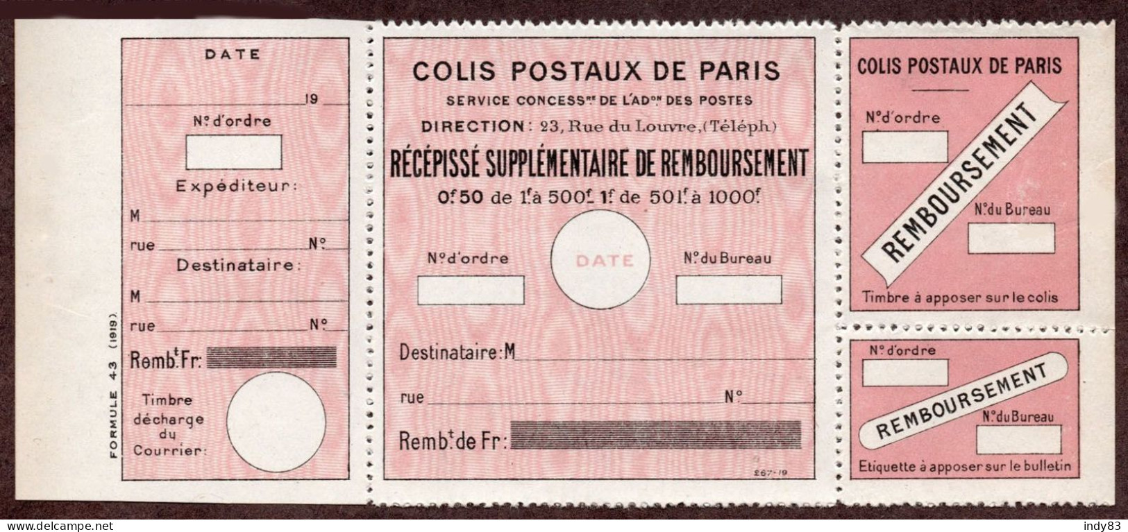 Colis Postaux Paris-Paris - Maury N° 52 - Neuf **- 1919 - Noir/rose- "Récipissé Supplémentaire De Remboursement" - Mint/Hinged