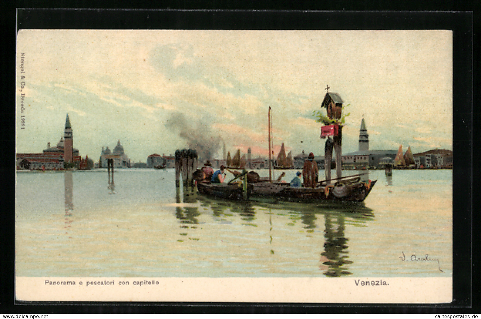 Artista-Cartolina Venezia, Panorama E Pescatori Con Capitello  - Venezia (Venice)