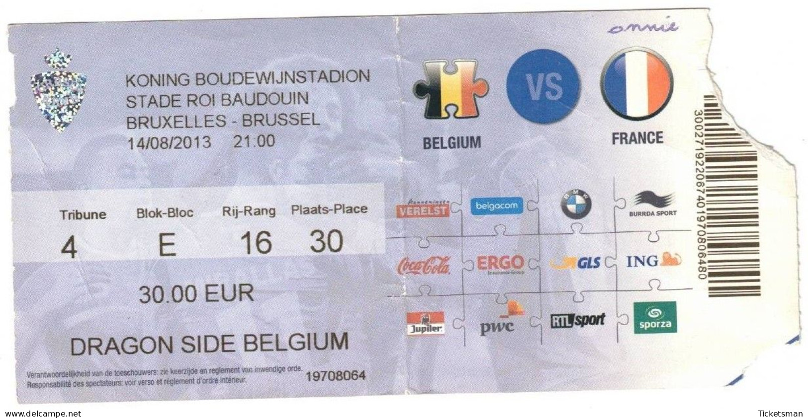 Football Ticket Billet Jegy Biglietto Eintrittskarte France - Belgique 14/08/2013 - Tickets D'entrée