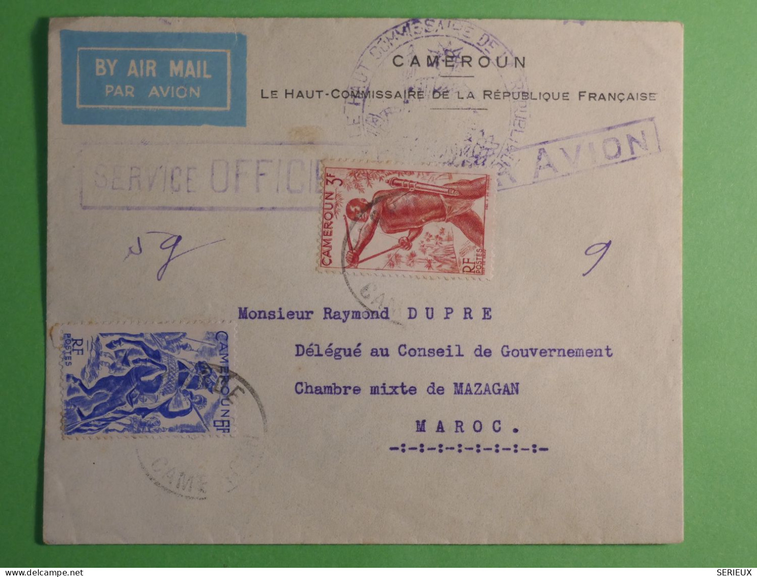 DN9 CAMEROUN  LETTRE OFFICIELLE  1949  A MAZAGAN  MAROC  ++  AEROPHILATELIE + AFF.  INTERESSANT+++ - Storia Postale