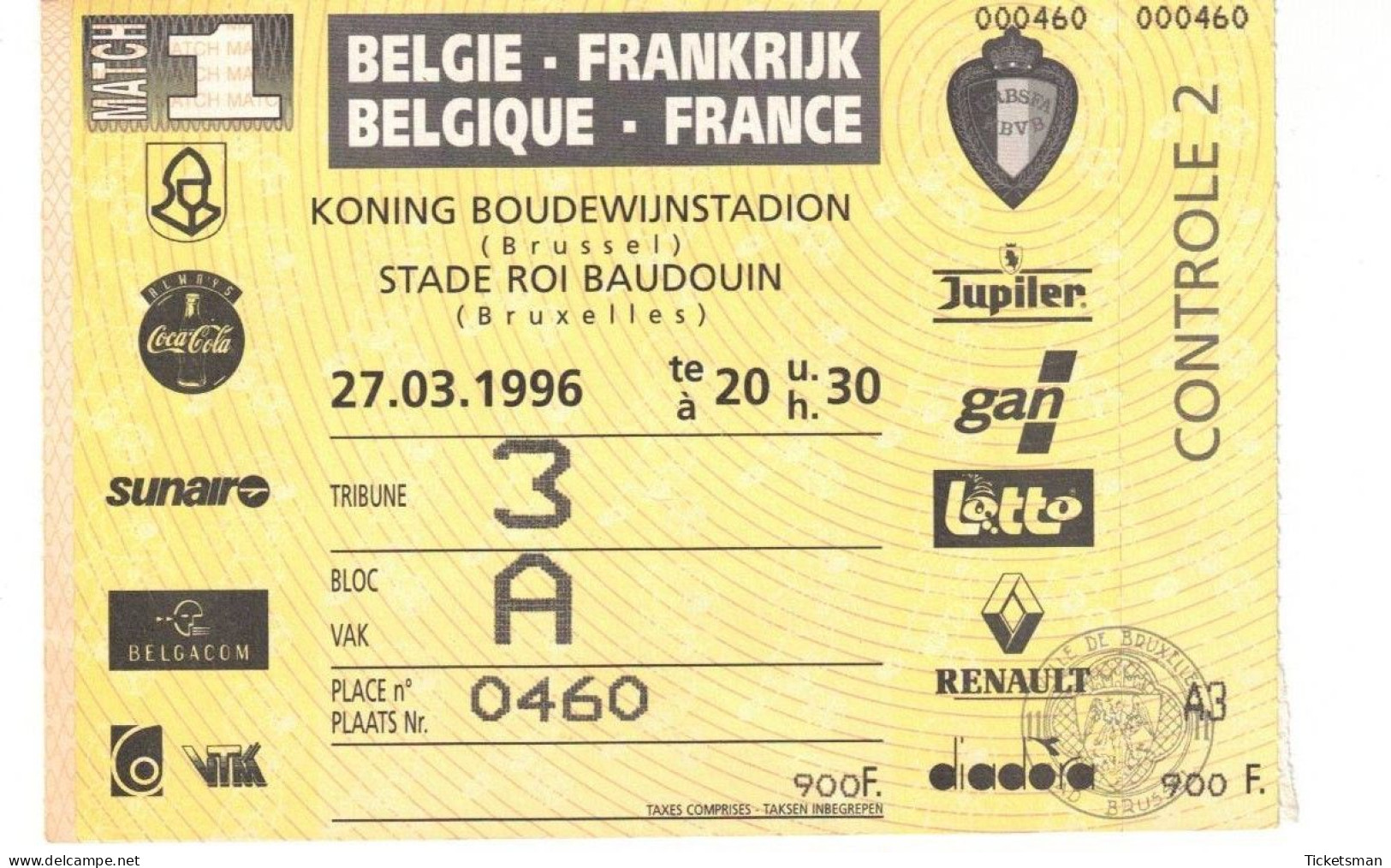 Football Ticket Billet Jegy Biglietto Eintrittskarte France - Belgique 27/03/1996 - Tickets D'entrée