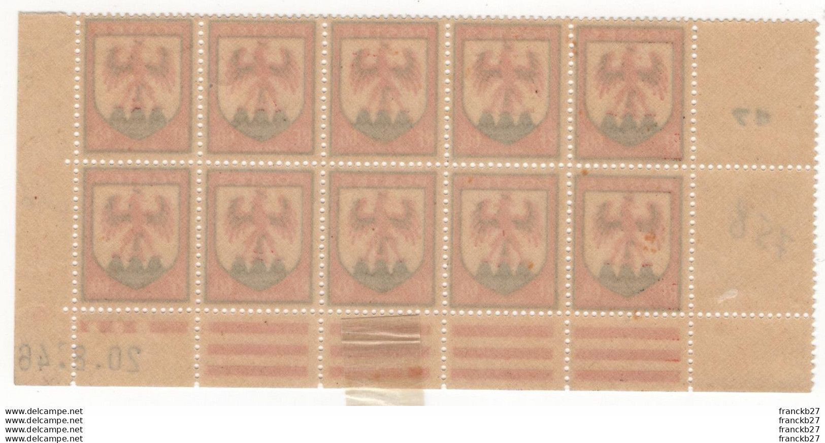 France - YT 758 - Bloc 10 Timbres Comté De Nice 60c - 1946 - Coins Datés - Unused Stamps