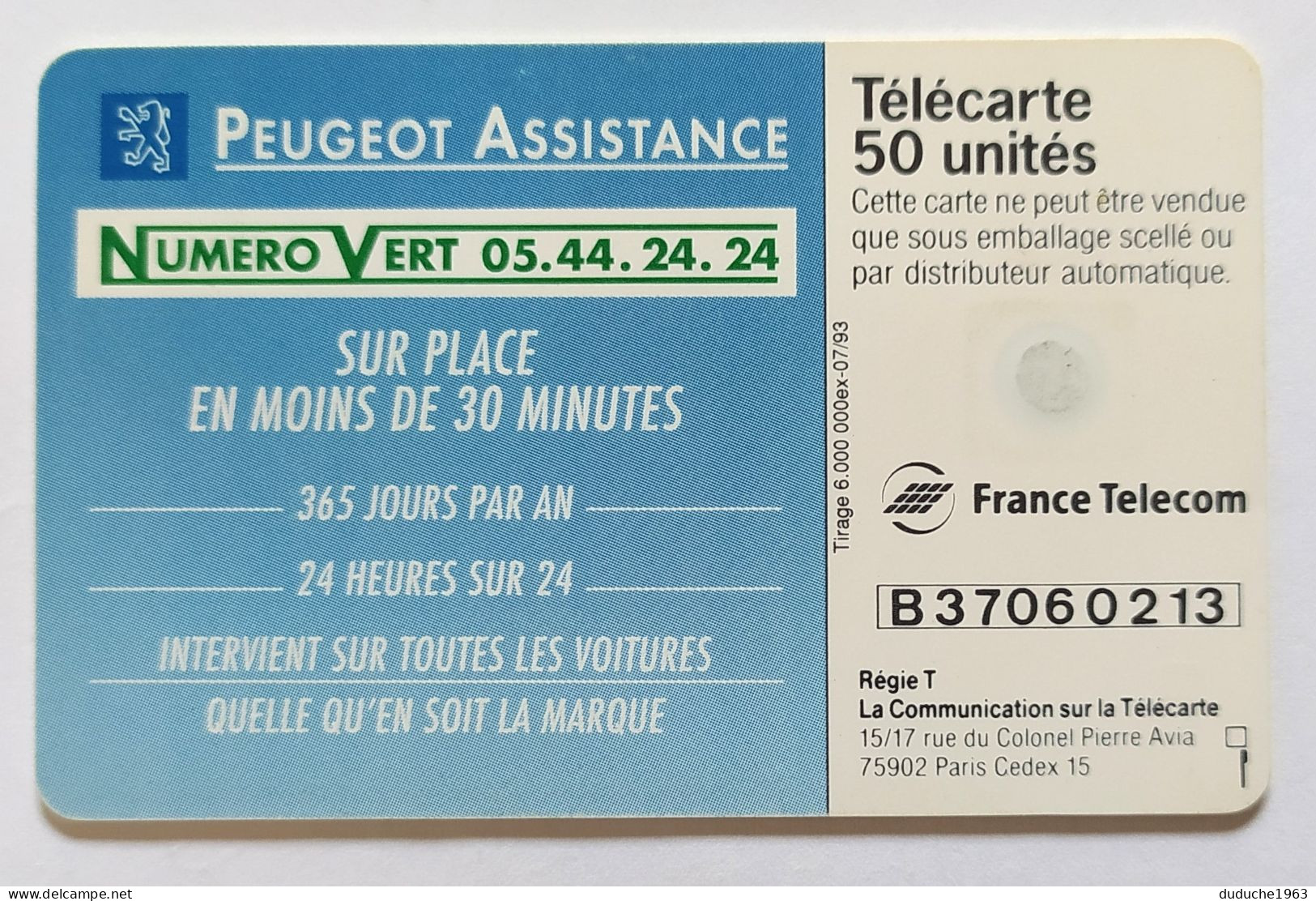 Télécarte France - Peugeot Assistance - Sin Clasificación