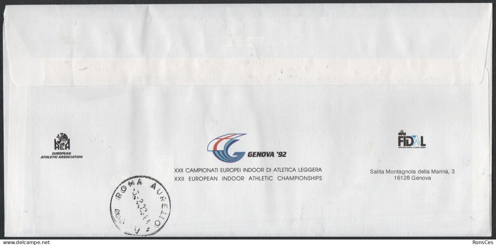 ATHLETICS - ITALIA GENOVA 30.01.1992 - XXII CAMPIONATI EUROPEI INDOOR D'ATLETICA LEGGERA - FDC - RACCOMANDATA - A - Athlétisme