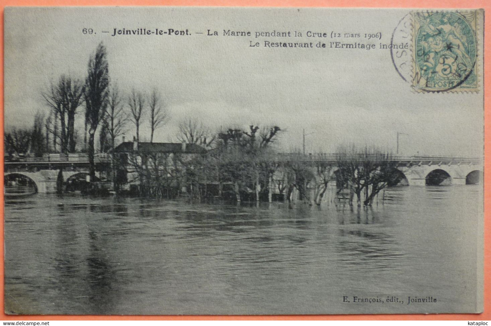 CARTE JOINVILLE LE PONT - 94 - LA MARNE PENDANT LA CRUE DE 1906 - RESTAURANT L' ERMITAGE INONDE - SCAN RECTO/VERSO-13 - Joinville Le Pont