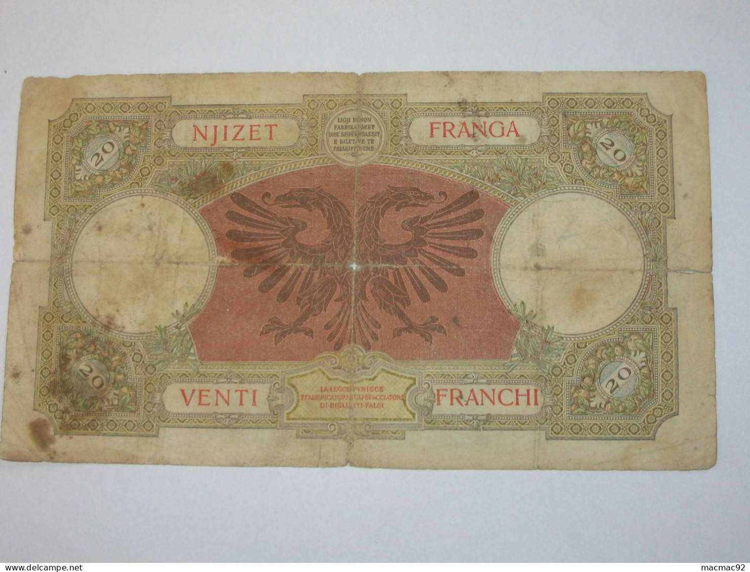 ALBANIE - 100 Njizet Franga 1939 (date Non Marqué) - Banca Nazionale D'Albania   **** EN ACHAT IMMEDIAT **** - Albania