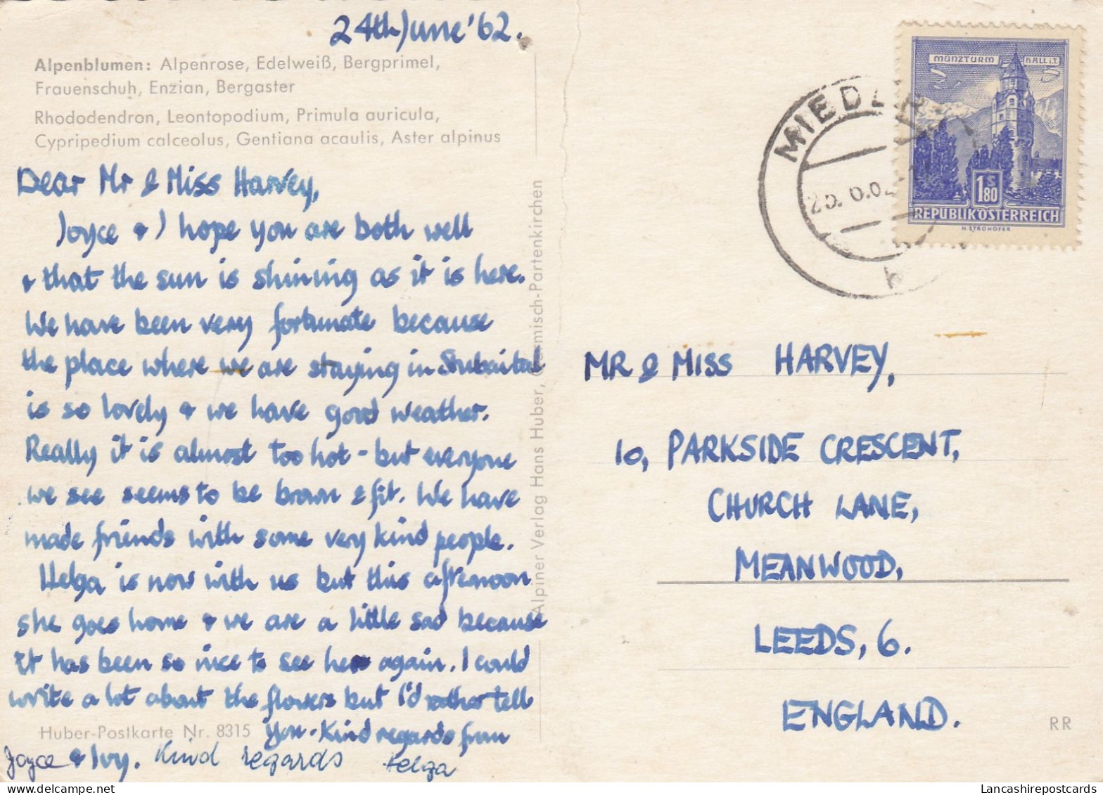 Postcard Genealogy Mr Harvey Church Lane Meanwood Leeds PU 1962 My Ref B26477 - Genealogía