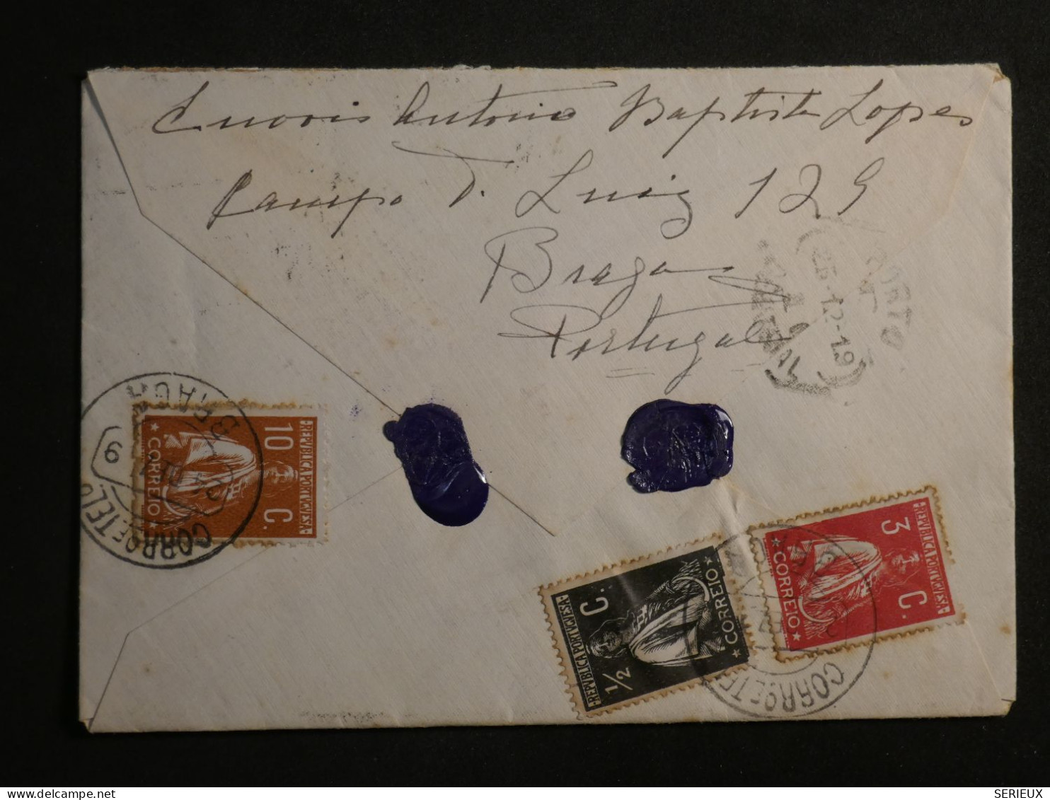 DN9 PORTUGAL  LETTRE 1919  BRAGA  A PARIS FRANCIA  +CIRE BLEUE + AFF.  INTERESSANT++ - Cartas & Documentos