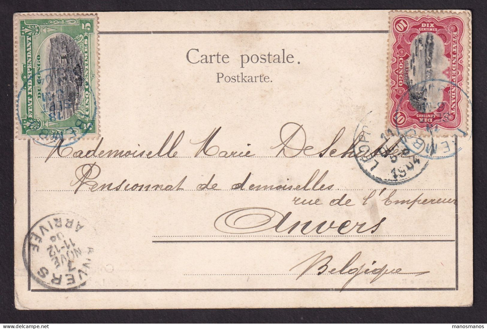 DDGG 011 - Carte-Vue TP Mols 5 Et 10c  Etat Indépendant IBEMBO (UELE) 1904 Via LEO Vers ANVERS Belgique - Briefe U. Dokumente